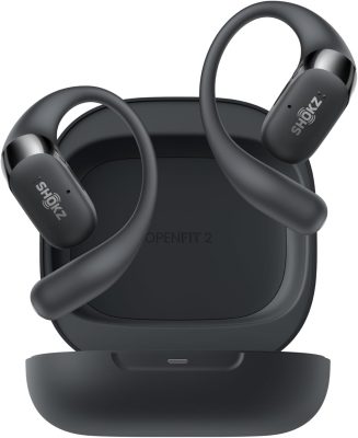 SHOKZ OpenFit 2 Casque à Oreilles Libres, écouteurs Bluetooth sans Fil avec Micro, écouteurs avec Crochet d'oreille et 48 Heures de Lecture, Charge Rapide, résistance IP55, Sac de Transport, Noir